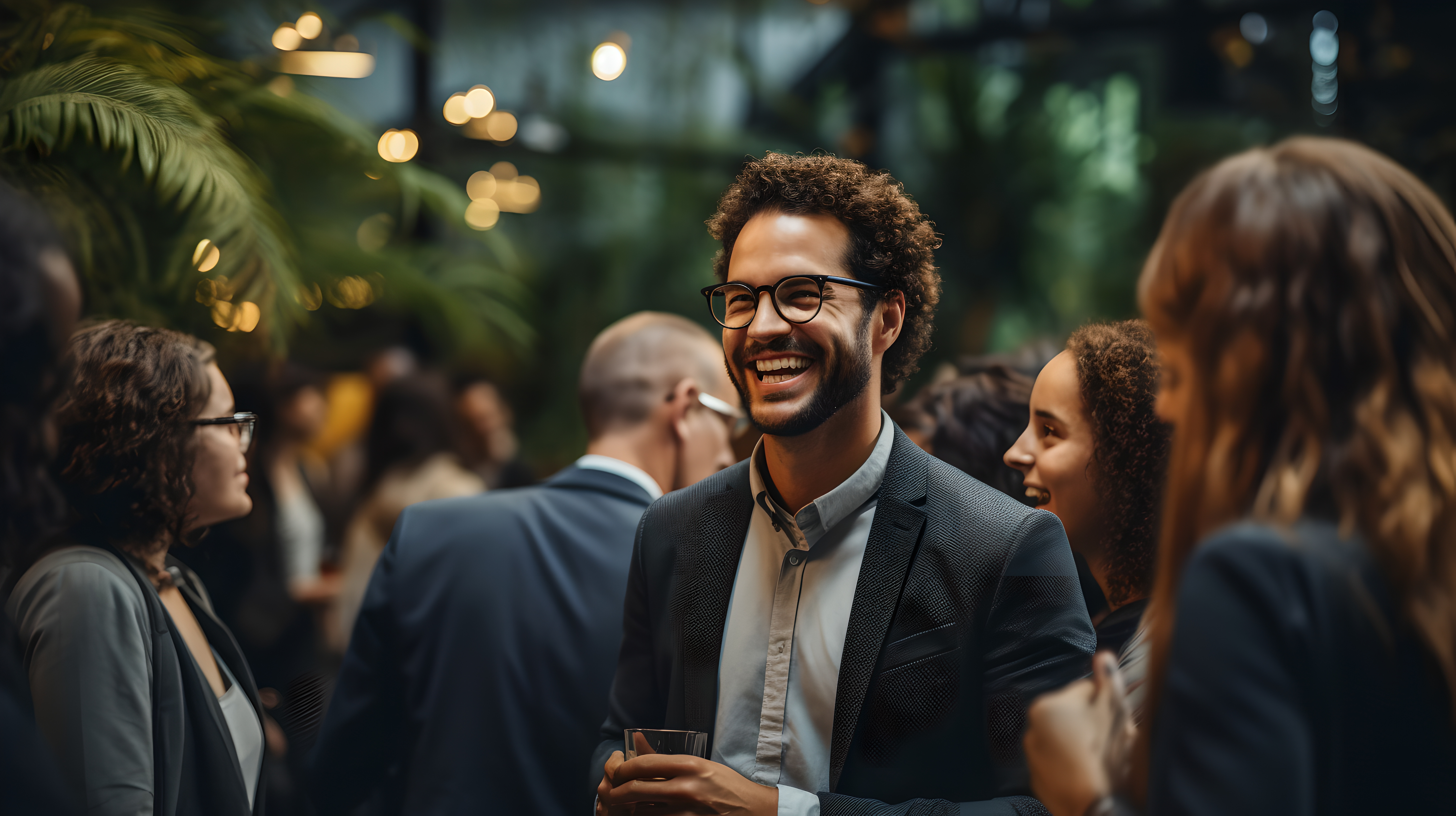 Happy businessman laughing while holding drink glass during networking event at convention center, sharing startup ideas and discussing new innovation at business conference