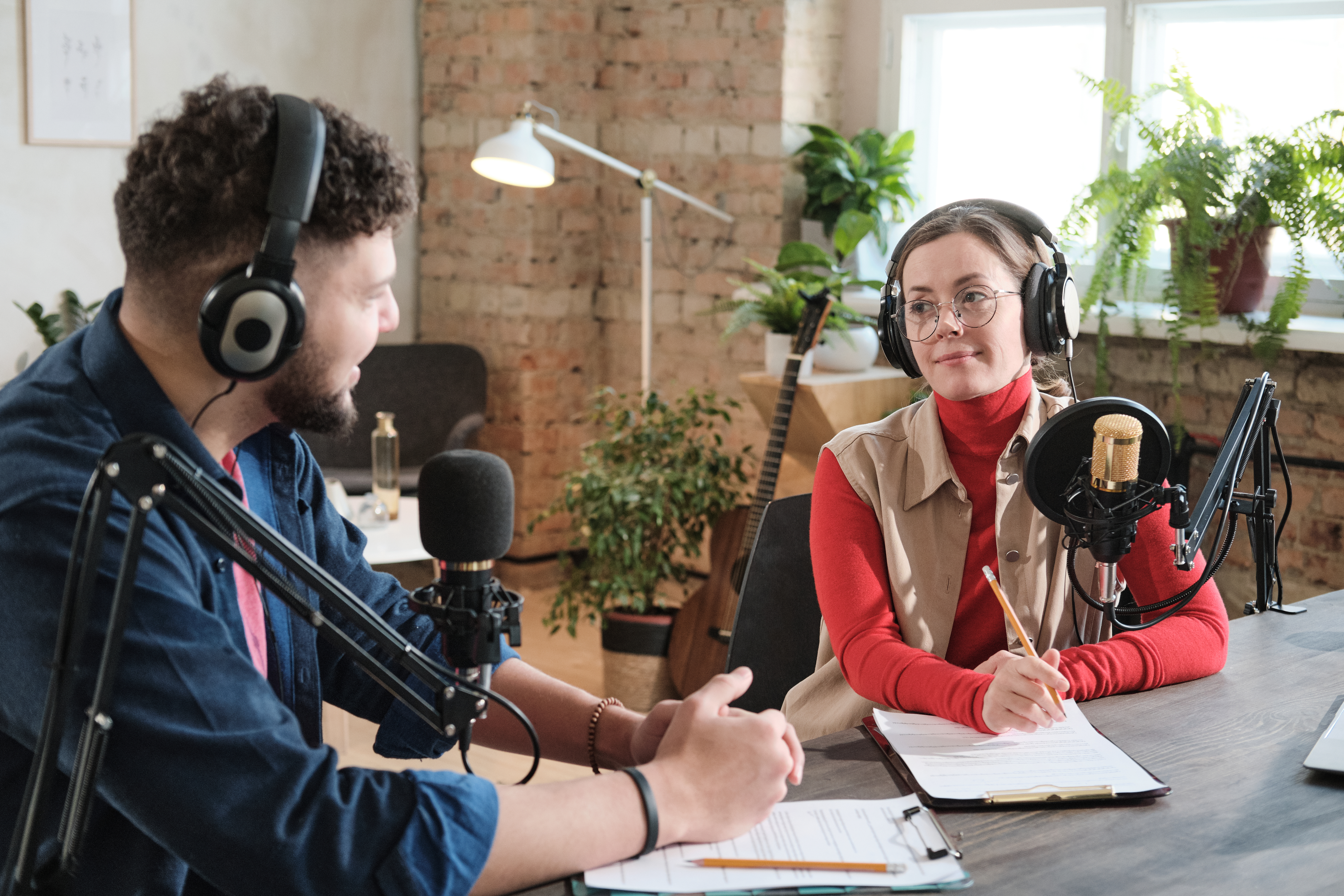 Radio host and guest recording interview