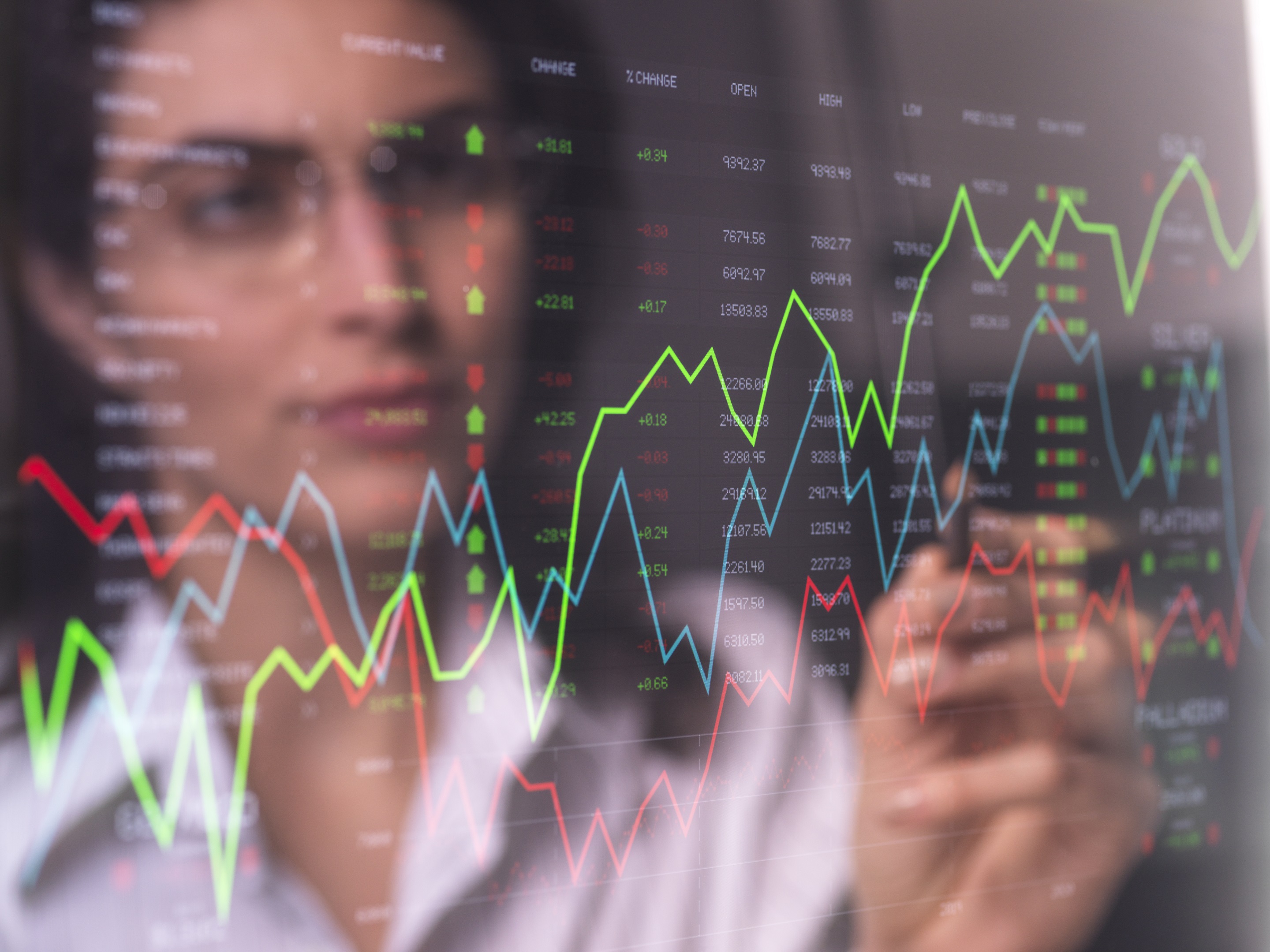 Female analyst viewing financial market data on a screen.